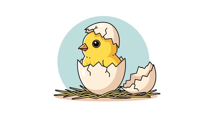 Adorable Yellow Chick Hatching from Cracked Egg in a Nest, Cute Easter Illustration