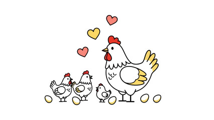 Cute Chicken Family with Chicks and Eggs, Heart Shapes Above