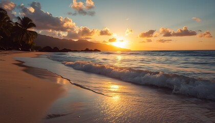 Beautiful Tropical Beach at Sunrise with Golden Hour Waves and Palm Trees