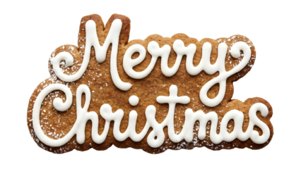 Merry christmas typography written in gingerbread cookie with white icing decoration for holiday design
