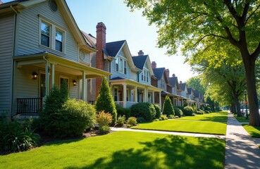 Row of charming suburban homes with manicured lawns, mature trees. These houses feature welcoming porches, classic architectural details, creating serene residential street scene on bright sunny day.