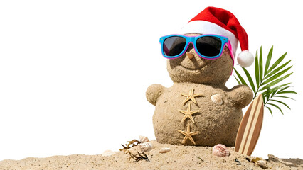 Snowman made of sand with sunglasses and santa hat on the beach for tropical christmas holiday vacation