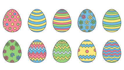 Collection of Ten Colorful Decorative Easter Eggs with Various Patterns and Designs