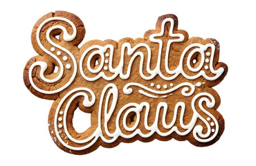 Santa Claus typography written in gingerbread cookie with white icing decoration for christmas holiday design