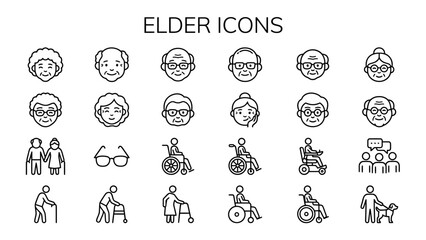 Elder Icons Collection: Line Drawings of Seniors, Couples, Mobility Aids, and Caregivers for Aging Population UI and Healthcare Visual Storytelling