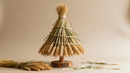 Minimalist christmas tree made of wheat stalks tied with twine on wooden stand, loose ears and leaves in foreground, soft beige seamless background, concept of eco holiday decor