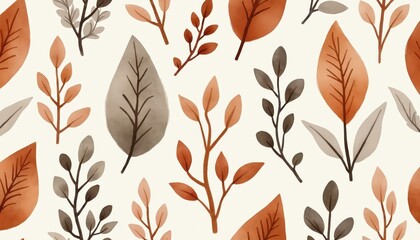 Autumn leaves pattern with warm earth tones, seamless botanical design. Ideal for fabric, wallpaper, and fall decor. Minimalist, retro, natural elements.