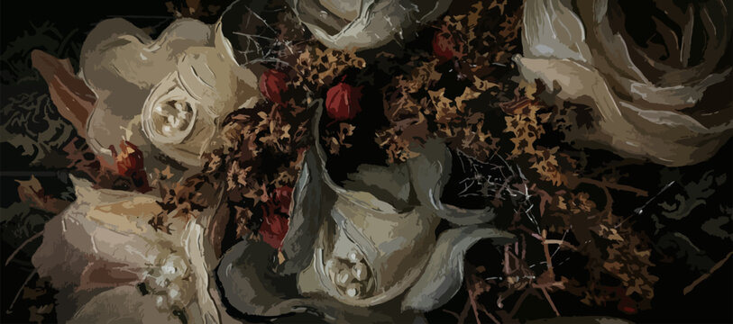 Dark moody floral background. Gothic style oil painting of withered white roses. Elegant renaissance style flower illustration for luxury packaging and wall art. Vintage watercolor art