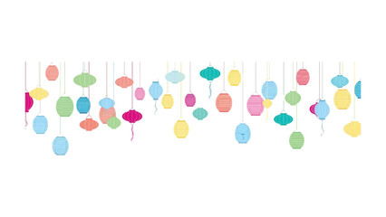 Festive Decorations: An array of colorful hanging decorations create a whimsical and cheerful atmosphere, with each piece showcasing unique shapes and pastel hues.