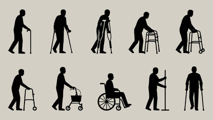 Mobility Aid Silhouette Set: Black Figures Using Canes, Crutches, Walkers, and Wheelchairs for Accessibility UI and Rehabilitation Visual Storytelling