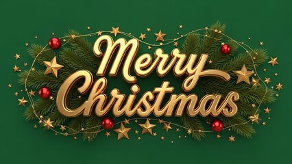 Elegant golden merry christmas script text design surrounded by festive pine branches ornaments and stars on green