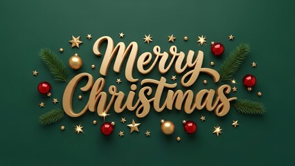 Elegant three dimensional golden merry christmas typography surrounded by festive ornaments on a deep green background