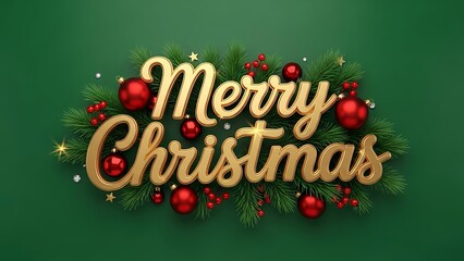 Elegant golden merry christmas script text surrounded by festive pine branches and shiny red ornaments on green