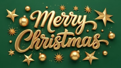 Elegant golden merry christmas script text surrounded by festive ornaments and sparkling stars on deep green background