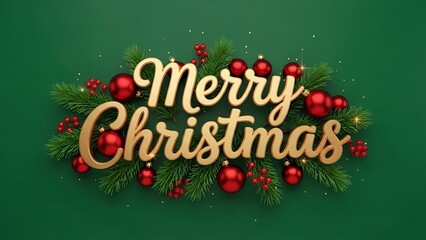 Golden merry christmas script text surrounded by festive red ornaments and green pine branches on a dark background