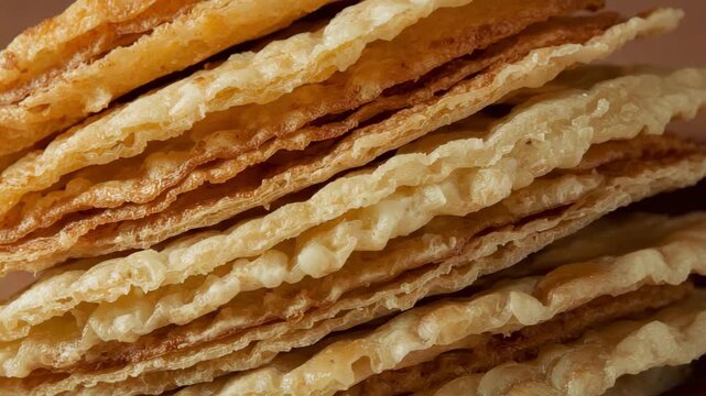 Macro detail of a stack of golden brown fried crackers or chips showing a bubbly and crispy texture.