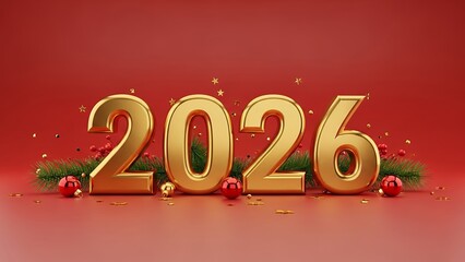 Glistening golden 3d numbers announcing the arrival of the new year 2026 with festive holiday decorations