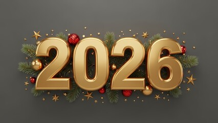 Golden three dimensional numerals announcing the arrival of the year 2026 with festive holiday decorations
