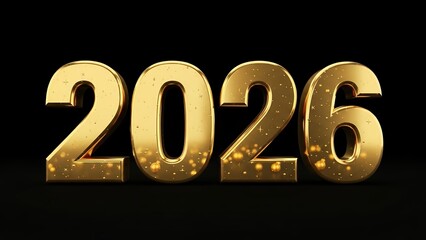Glistening three dimensional golden numbers representing the year 2026 shine brightly against a dark background