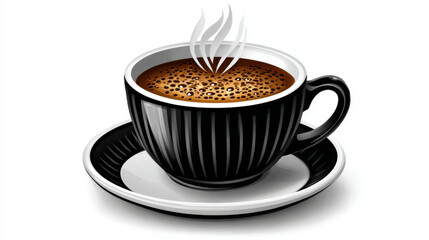A steaming cup of coffee in a glossy black cup and saucer stands out against a clean white background, making it perfect for coffee shop promotions or morning inspiration themes.