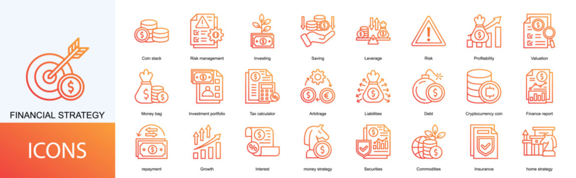 Financial Strategy icon collection set. Containing Risk management, Investing, Saving, Leverage, Risk, Profitability, Valuation icon