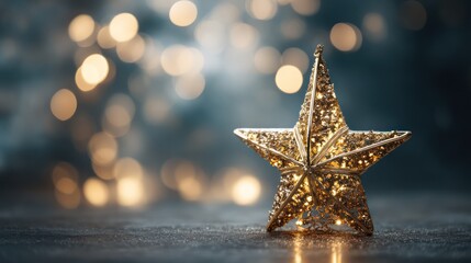 A shining golden star tree topper photographed against blurred sparkling lights metallic surfaces gleaming with sharp reflections perfectly