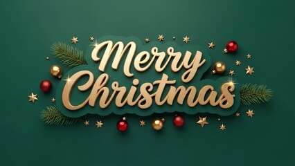 Elegant golden merry christmas typography design with festive ornaments and pine branches on deep green background