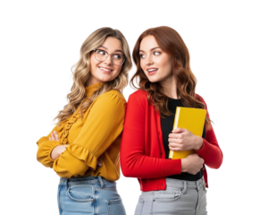 Two smiling teen student friends holding books