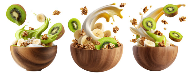 Fresh banana, kiwi, crunchy walnuts and granola with creamy yogurt smoothie splash in wooden bowl isolated on white background