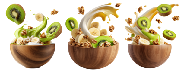 Fresh banana, kiwi, crunchy walnuts and granola with creamy yogurt smoothie splash in wooden bowl isolated on white background
