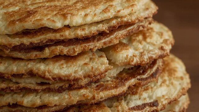 Close up view of a stack of golden brown crispy potato pancakes, latkes, or thin fritters. Detailed texture of fried food showing crispy edges and layers.