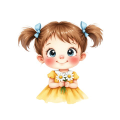 Cute cartoon girl holding flowers on transparent background