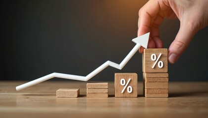 Hand stacks wooden blocks with percent signs. Arrow points up graph. Finance economy grows upward trend. Interest rates increase money investment.