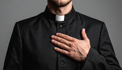 _Close up of priest with hand on chest wearing clerical collar and black suit for reli 777147.jpg