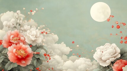 Chinese and Japanese wallpaper pattern design of elegant peony flower and moon. 