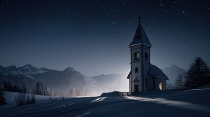 A snow covered church steeple under starlit midnight sky cross glistening in moonlight shadows stretching across pristine landscape