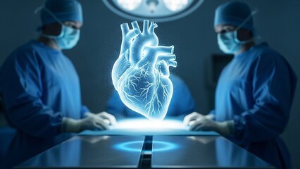 Medical Procedure Hologram Heart Surgery Preparation with Surgeons in Operating Room