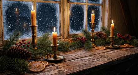Window with candles and pinecones on a wooden table