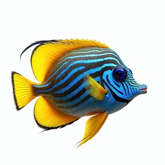 Obraz premium Bright blue fish with yellow fins swims. This colorful marine animal has black stripes and large eyes. It is isolated on a clean white background.