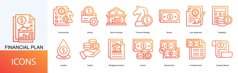 financial plan icon collection set. Containing Saving, Stock exchange, Financial Strategy, Money, Loan agreement, Budgeting, Liquidity, Capital icon