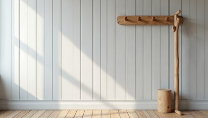 Minimalist room with vertical paneling wall featuring a rustic wooden coat rack. Natural light casts shadows on the light grey surface. Simple log stool sits beside. Clean and inviting space.