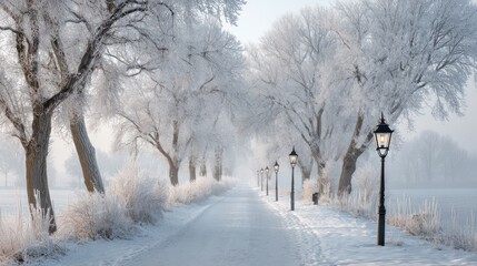 A snowy countryside path illuminated by lantern posts sharp frost covered trees aligning both sides shadows stretching naturally
