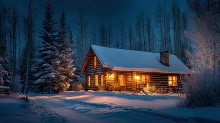 A snowy wooden cabin at twilight windows radiating soft golden light snow draped roof sparkling under moonlight surrounding