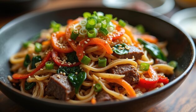 Close-up of savory beef noodles with bell peppers and green onions. This stir-fry dish is garnished with sesame seeds and served in a dark bowl, perfect for food blogs and menus. - Powered by Adobe