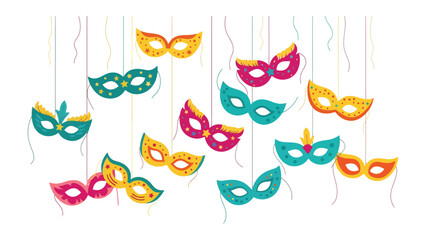 Festive Mask Display: An array of colorful masquerade masks, each adorned with intricate designs, hang suspended, evoking a sense of celebration and anticipation.