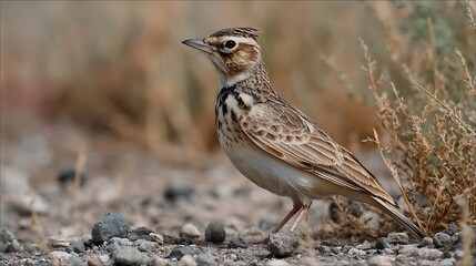 A small brown house sparrow perches on a green branch near a red-backed shrike in the wild