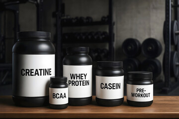 Fitness supplements containers including creatine whey protein casein and BCAA displayed in gym environment strength nutrition concept