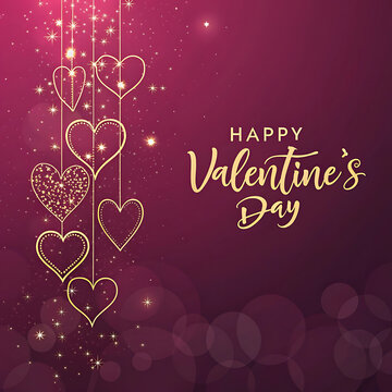 Elegant valentine's day greeting card design with hanging hearts and glitter effect