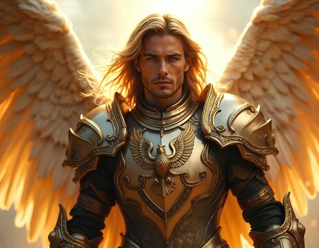 Golden winged man in ornate metal armor. Archangel Michael stands with powerful gaze. Divine warrior radiates light, ready for battle, holding holy sword.
