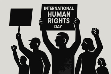 Human Rights Day concept art showing raised hands of different skin tones emerging from shadows into light, representing justice, freedom, and dignity, dramatic lighting, cinematic style